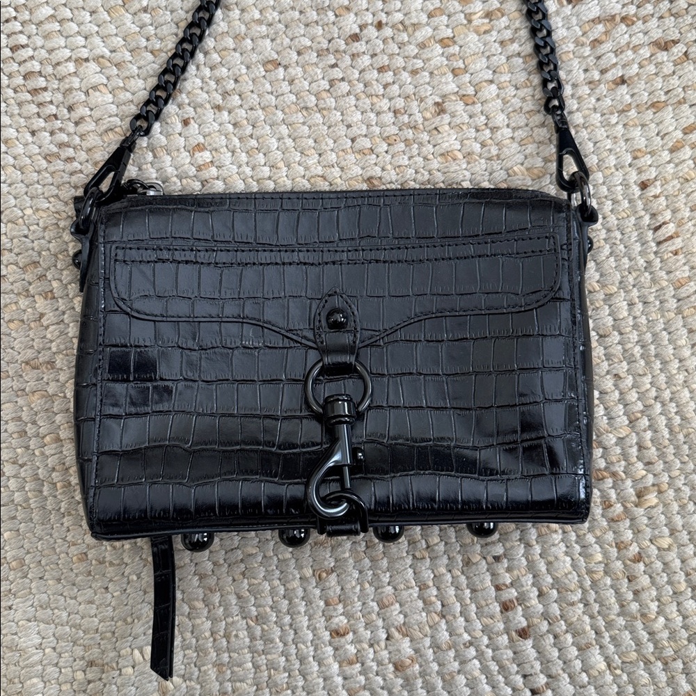 Rebecca Minkoff Black Croc-Embossed Chain Crossbody